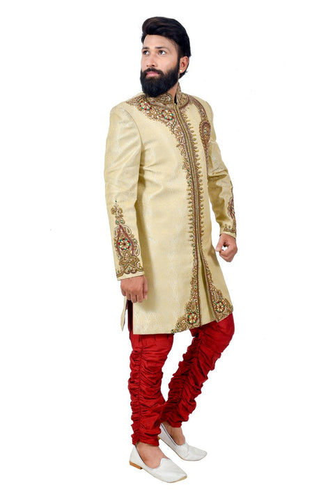 Designer Vanilla And Maroon Indian Wedding Sherwani For Men - RK2062