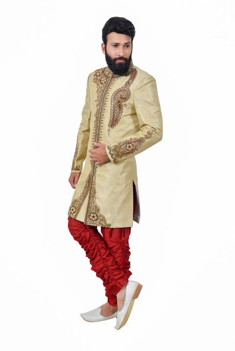 Designer Vanilla And Maroon Indian Wedding Sherwani For Men - RK2062