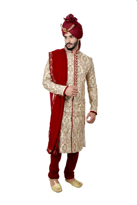 Maharaja Cream And Maroon Indian Wedding Sherwani For Men - RK2063