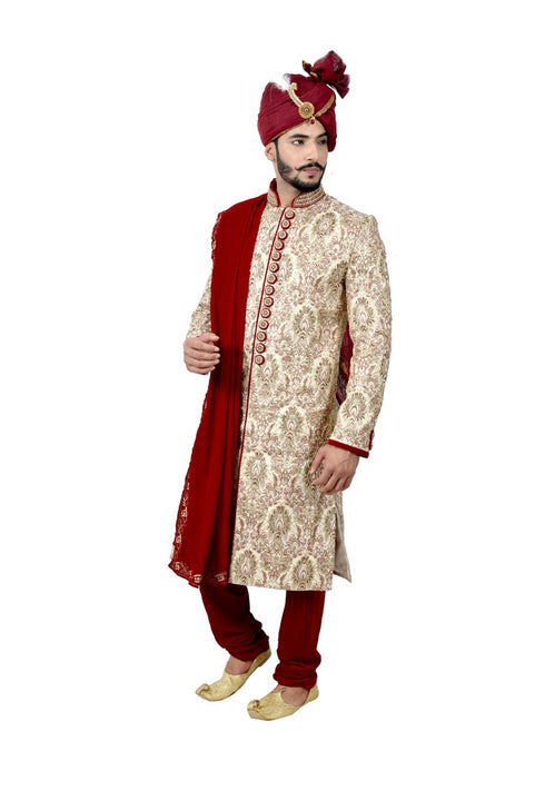 Maharaja Cream And Maroon Indian Wedding Sherwani For Men - RK2063