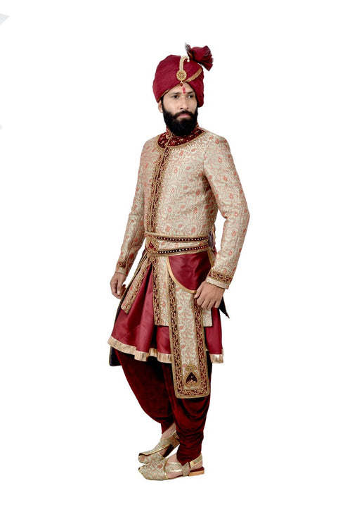 Maharaja Anarkali Style Cambridge Blue And Maroon Indian Wedding Sherwani For Men - RK2064