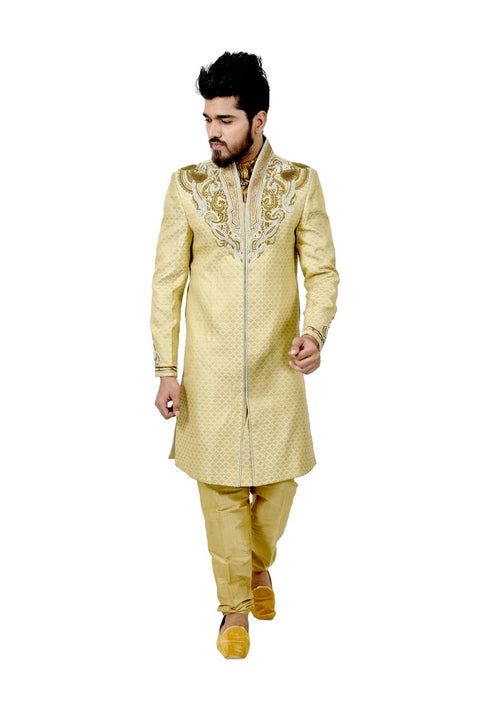 Traditional Zari Brocade Silk Gold Indian Wedding Sherwani For Men - RK2065