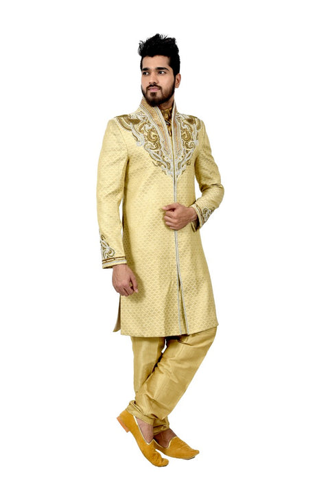 Traditional Zari Brocade Silk Gold Indian Wedding Sherwani For Men - RK2065