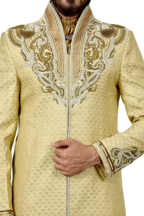 Traditional Zari Brocade Silk Gold Indian Wedding Sherwani For Men - RK2065