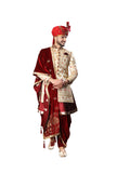 Royal Cream and Maroon Velvet Wedding Sherwani For Men