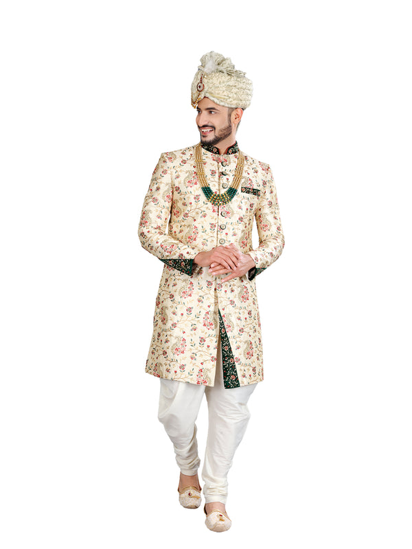 Modish Blooming Cream Jacquard Silk Indian Wedding Sherwani For Men