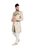 Modish Blooming Cream Jacquard Silk Indian Wedding Sherwani For Men