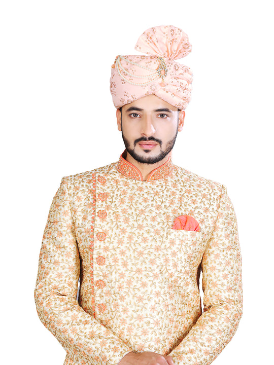 Chic Gold and Peach  Silk Indian Wedding Sherwani For Men
