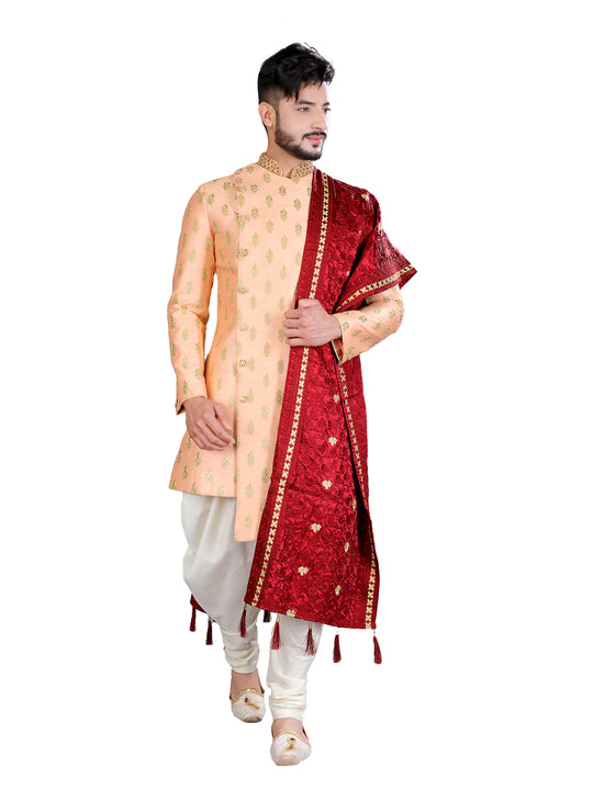 Lively Peach Asymmetrical Indian Wedding Sherwani For Men