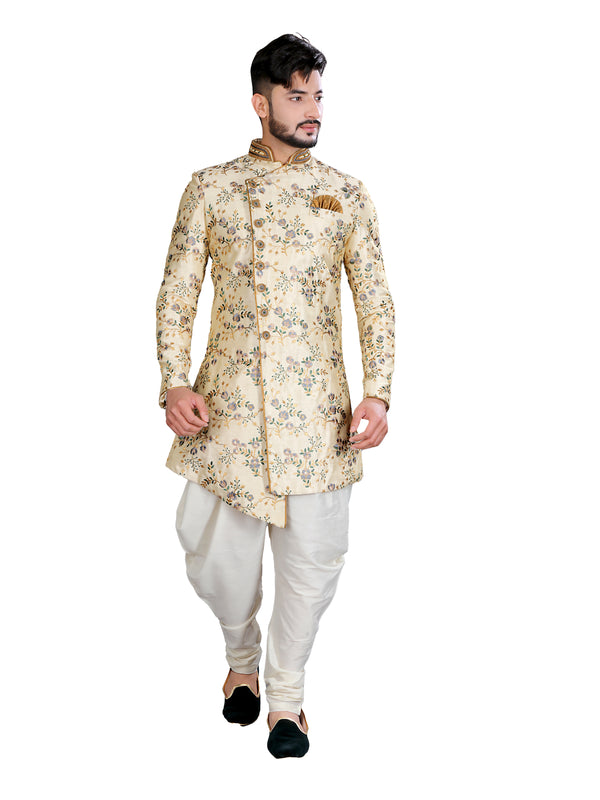 Exclusive Cream Jacquard Silk Indian Wedding Sherwani For Men