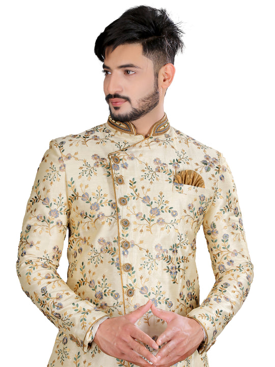 Exclusive Cream Jacquard Silk Indian Wedding Sherwani For Men