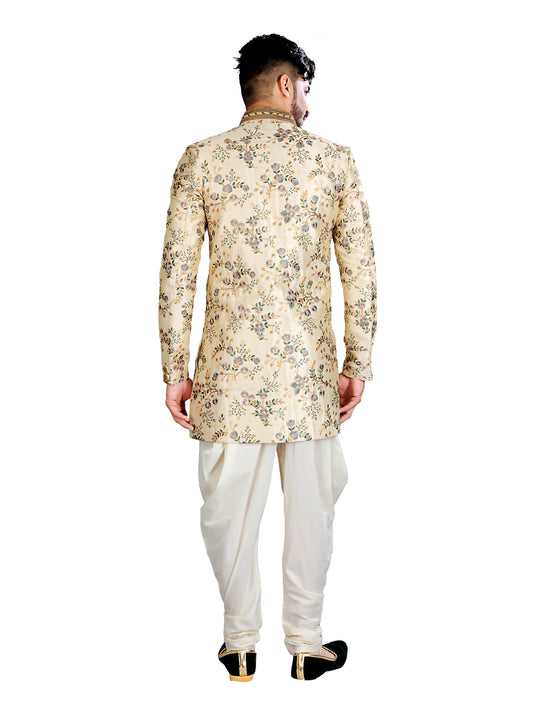 Exclusive Cream Jacquard Silk Indian Wedding Sherwani For Men