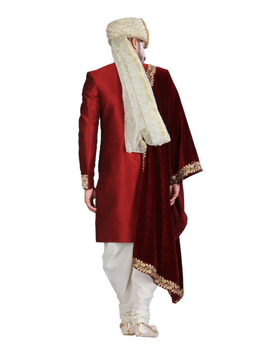 Fine Classy Maroon Silk Indian Wedding Sherwani For Men