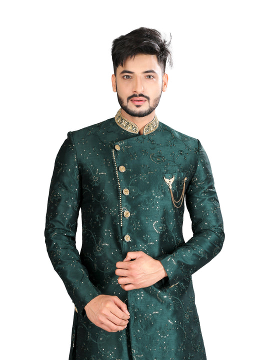 Polished Bottle Green And Gold Silk Indian Wedding Sherwani For Men