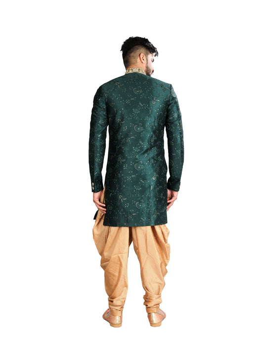 Polished Bottle Green And Gold Silk Indian Wedding Sherwani For Men