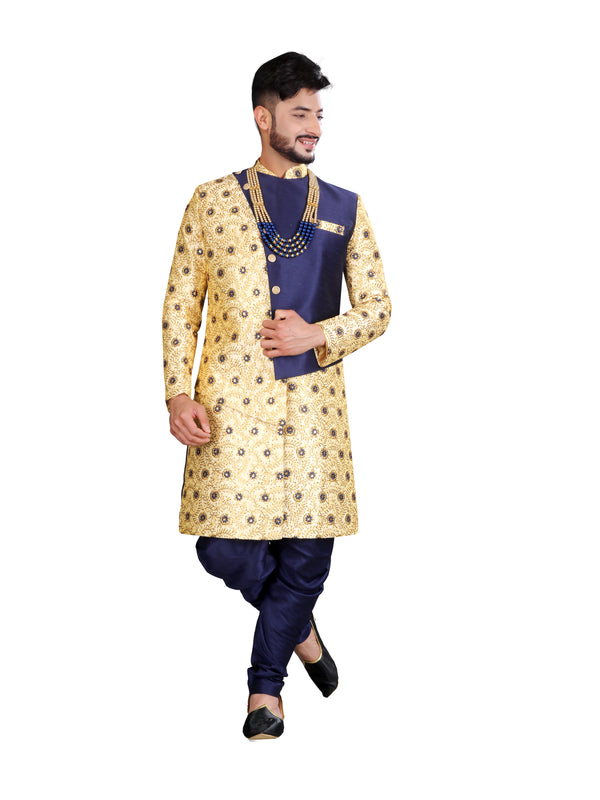 Sirenic Navy Blue and Gold Brocade Silk Indian Wedding Sherwani For Men