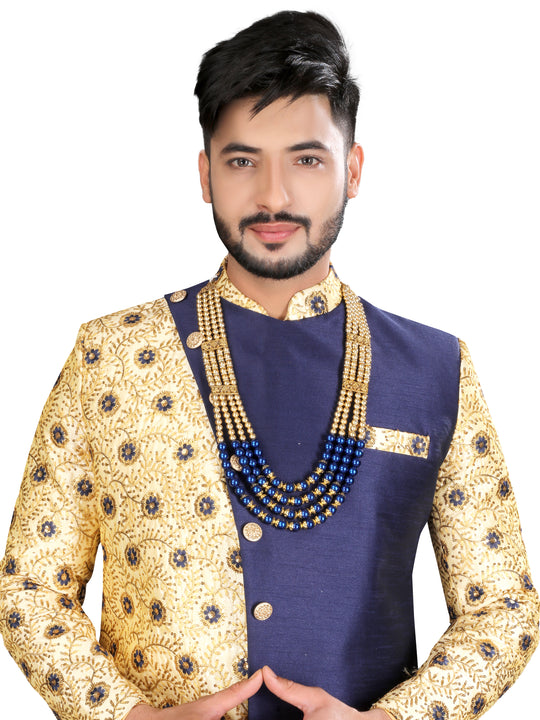 Sirenic Navy Blue and Gold Brocade Silk Indian Wedding Sherwani For Men