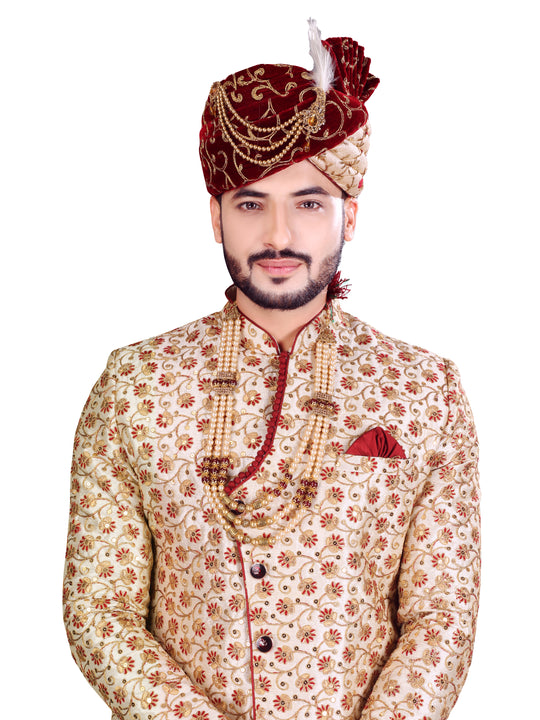 Seductive Maroon Silk Indian Wedding Sherwani For Men