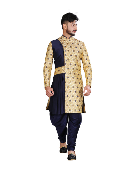 Luring Navy Blue and Gold Brocade Silk Indian Wedding Sherwani For Men