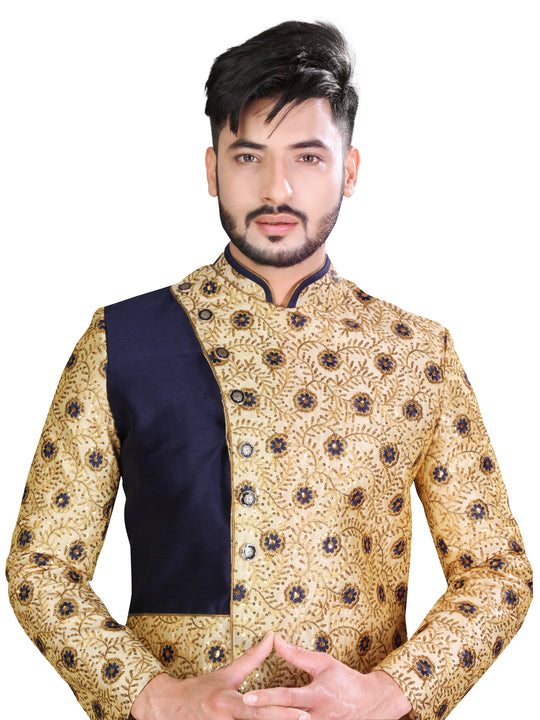 Luring Navy Blue and Gold Brocade Silk Indian Wedding Sherwani For Men