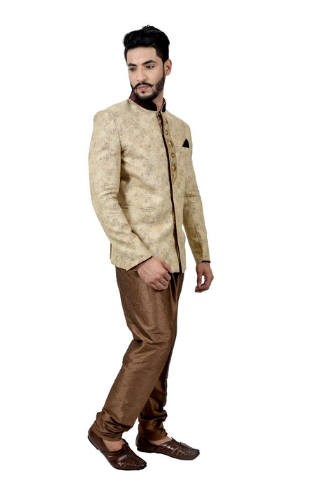 Majestic Peary and Brown Jodhpuri Printed Mandarin Collar Indian Suit Sherwani Set For Men - RK3066SNT