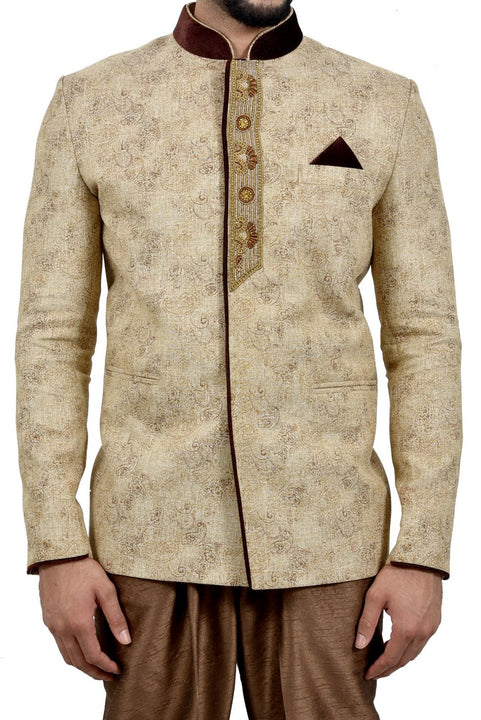 Majestic Peary and Brown Jodhpuri Printed Mandarin Collar Indian Suit Sherwani Set For Men - RK3066SNT