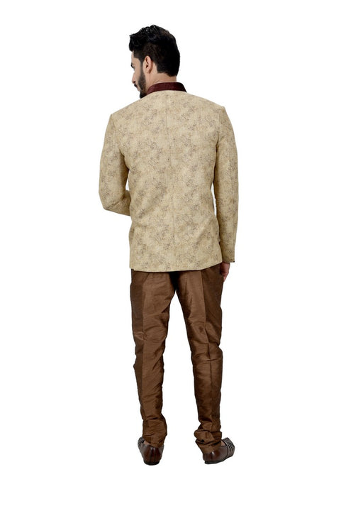 Majestic Peary and Brown Jodhpuri Printed Mandarin Collar Indian Suit Sherwani Set For Men - RK3066SNT