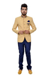 Elegant Gold And Blue color Jodhpuri Printed Mandarin Collar Indian Suit Set For Men - RK3067SNT