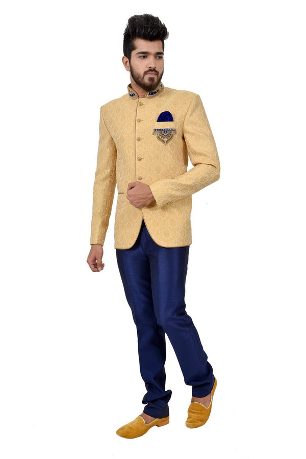Elegant Gold And Blue color Jodhpuri Printed Mandarin Collar Indian Suit Set For Men - RK3067SNT