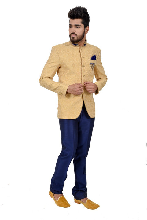 Elegant Gold And Blue color Jodhpuri Printed Mandarin Collar Indian Suit Set For Men - RK3067SNT