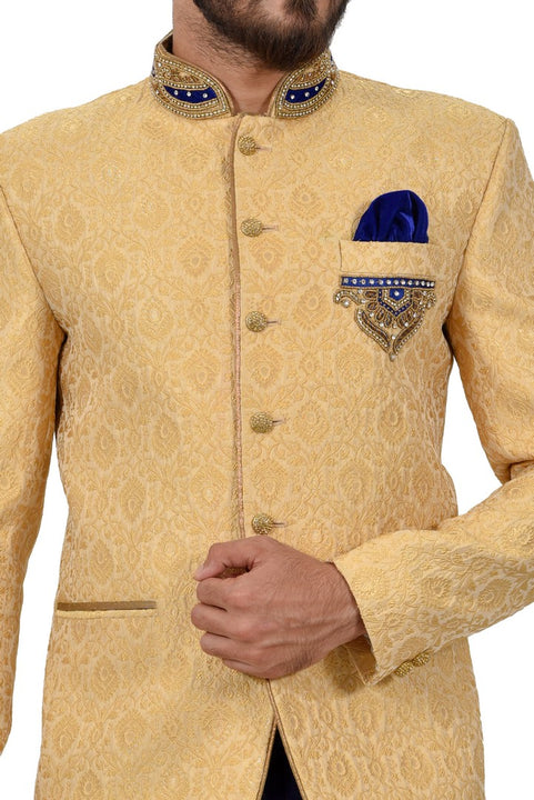 Elegant Gold And Blue color Jodhpuri Printed Mandarin Collar Indian Suit Set For Men - RK3067SNT