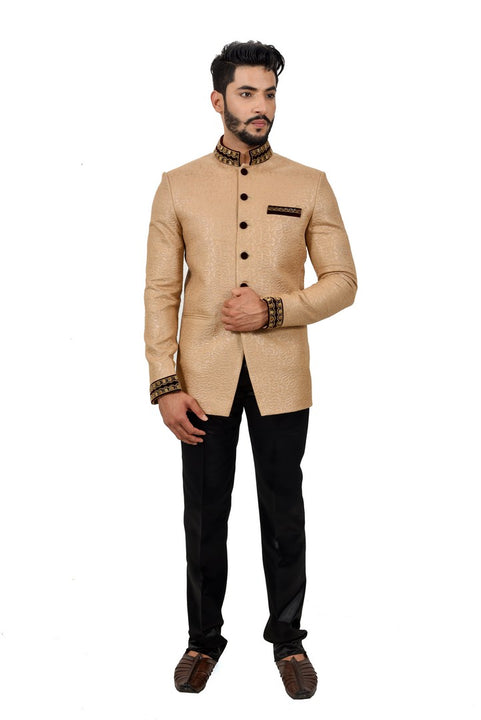 Apricot And Black Wedding Color Jodhpuri Printed Indian Suit Set For Men - RK3068SNT