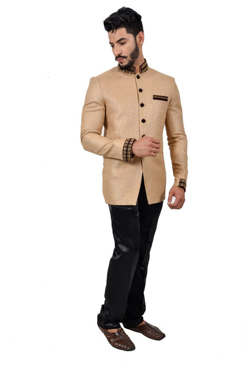 Apricot And Black Wedding Color Jodhpuri Printed Indian Suit Set For Men - RK3068SNT