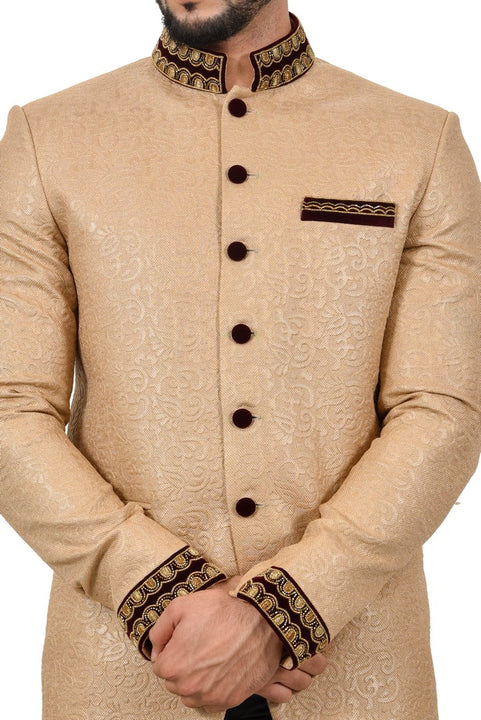 Apricot And Black Wedding Color Jodhpuri Printed Indian Suit Set For Men - RK3068SNT