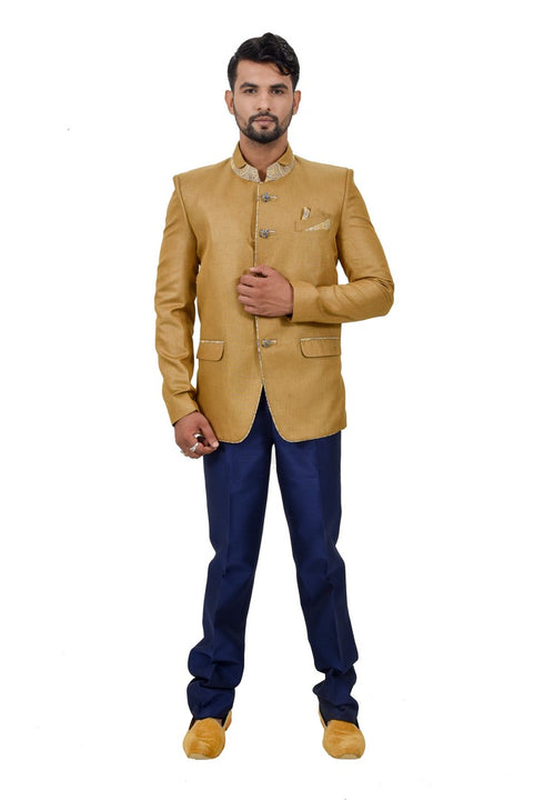 Royal Gold And Blue Wedding Color Jodhpuri Printed Indian Suit Set For Men - RK3069SNT
