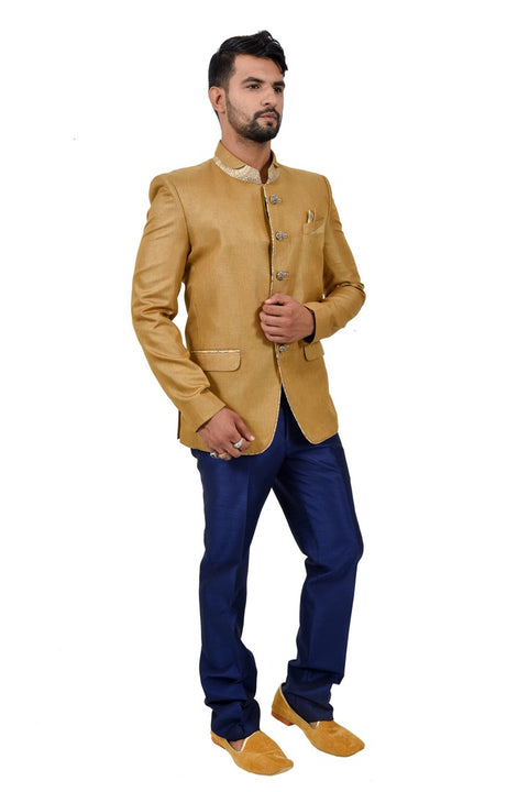 Royal Gold And Blue Wedding Color Jodhpuri Printed Indian Suit Set For Men - RK3069SNT