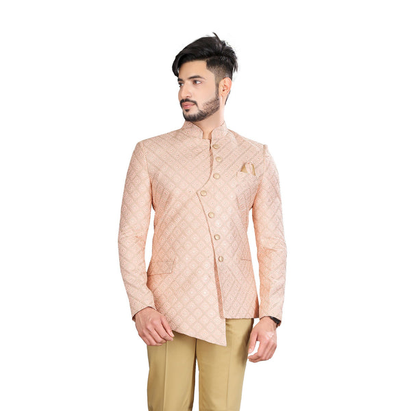 Pristine Peach Wedding Jodhpuri Printed Indian Suit Set For Men - RK3085SNT