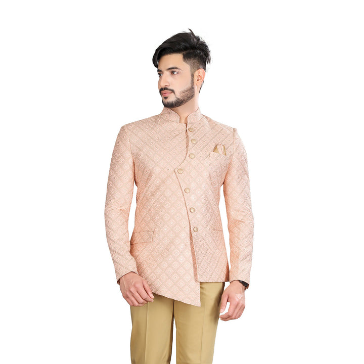 Pristine Peach Wedding Jodhpuri Printed Indian Suit Set For Men
