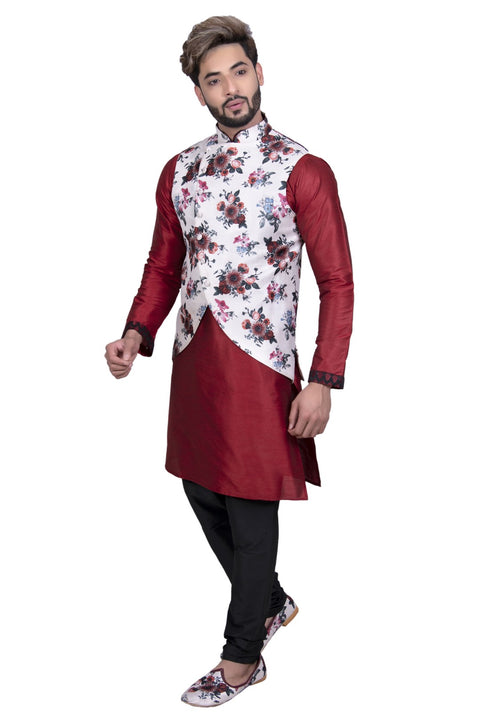 Stylish Maroon Silk Indian Kurta Set with White Multi Floral Print Silk Jacket for Men