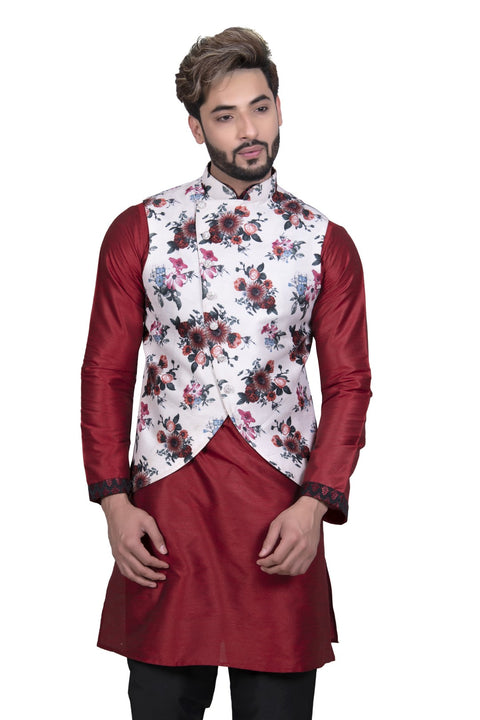 Stylish Maroon Silk Indian Kurta Set with White Multi Floral Print Silk Jacket for Men