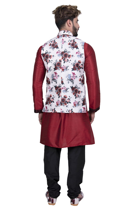 Stylish Maroon Silk Indian Kurta Set with White Multi Floral Print Silk Jacket for Men