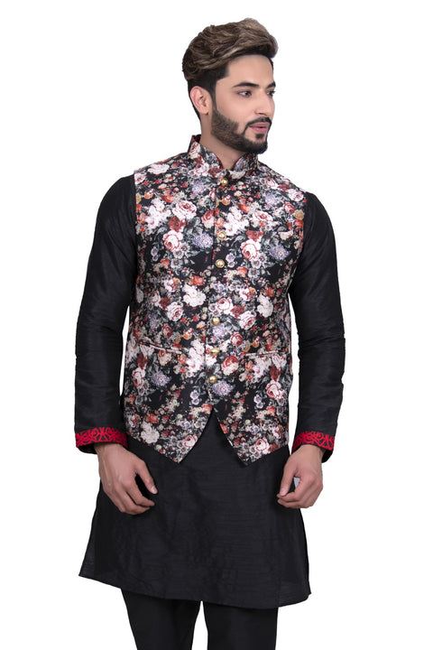 Stylish Black Silk Indian Kurta Set with Black Multi Floral Print Silk Jacket for Men