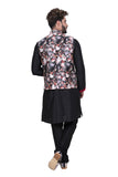 Stylish Black Silk Indian Kurta Set with Black Multi Floral Print Silk Jacket for Men