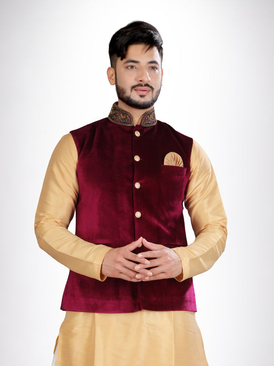 Indian Traditional Alluring Wine Velvet Nehru Jacket With Gold Kurta Set- RK4235