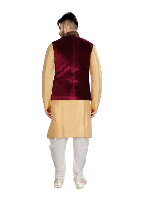 Indian Traditional Alluring Wine Velvet Nehru Jacket With Gold Kurta Set- RK4235