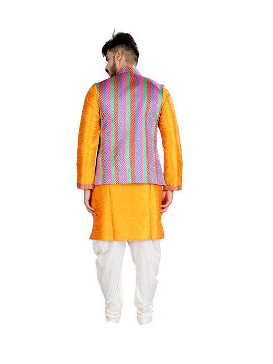 Indian Traditional Marvelous Marigold Kurta Set With Multicolored Nehru Jacket - RK4236