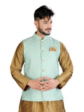 Indian Traditional Golden Silk Kurta With Luckhnavi Silk Pista Nehru Jacket - RK4237