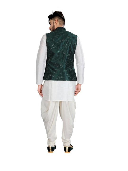 Indian Traditional White Kurta With Luckhnavi Silk Bottle Green Nehru Jacket - RK4238