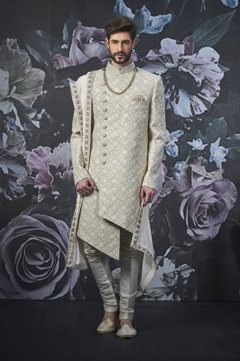 Stylish Cream Indian Wedding Sherwani For Men - WS135029SNT