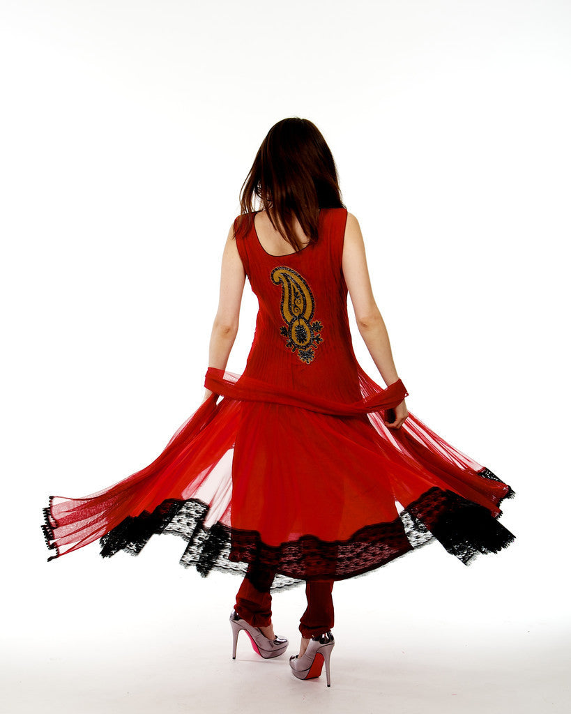 Red Soft Net and Lace Anarkali